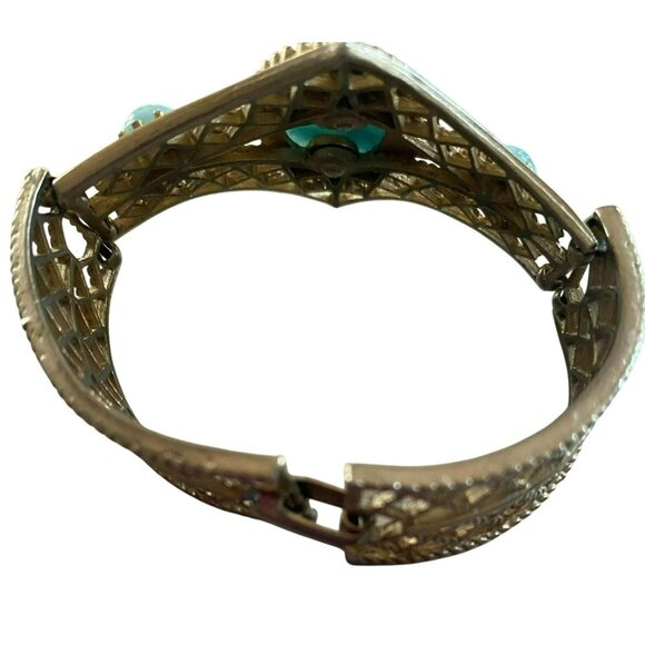 Unique Vintage Gold-Tone Filigree Cuff Bracelet With Turquoise Blue Cabochon Sto - Picture 3 of 7